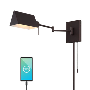 Arlo Farmhouse Industrial Single Swing Arm Plug-In or Hardwired Iron LED Wall Sconce with Pull-Chain - JONATHAN Y